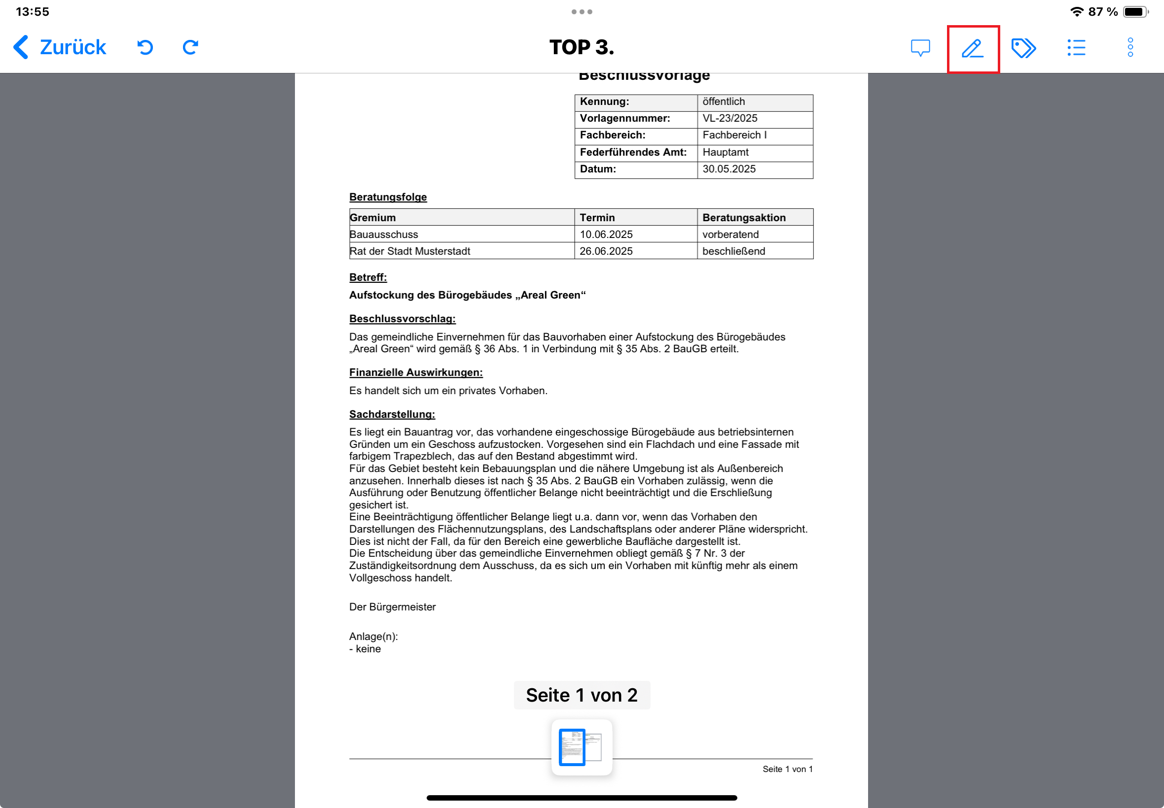 Aufruf Markierungsfunktionalität