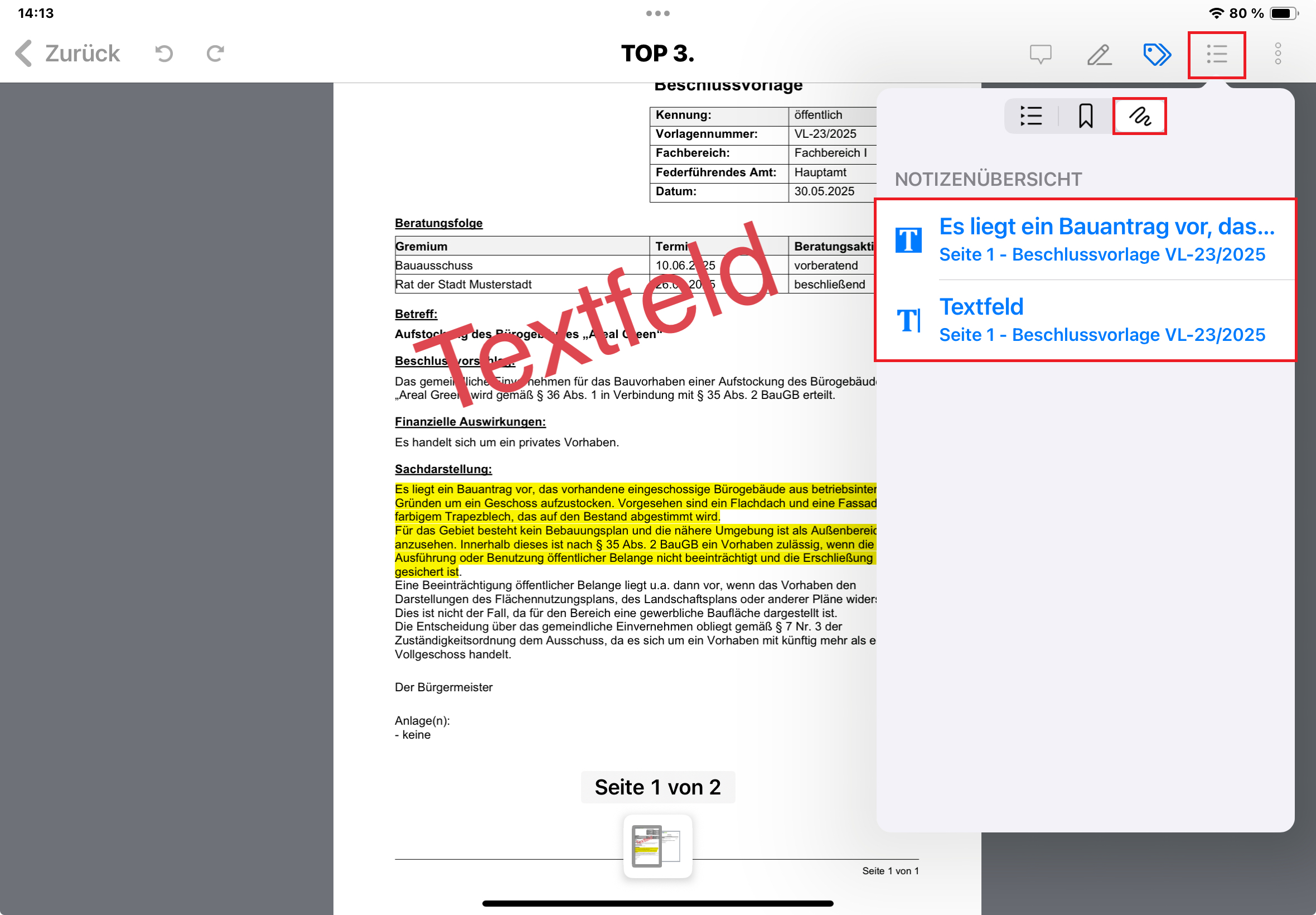 Bedienung Notizübersicht