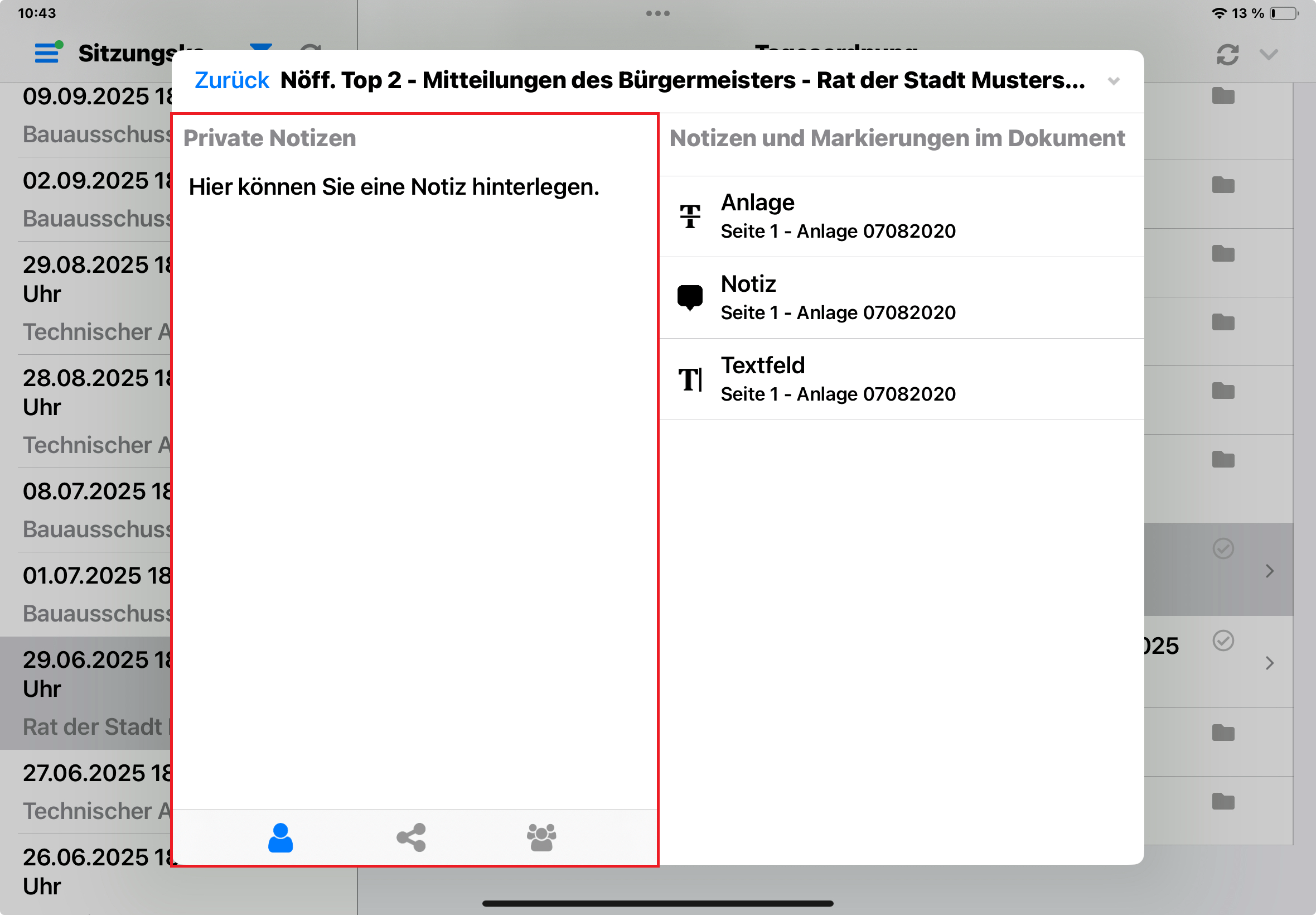 Linke Hälfte Notizfenster