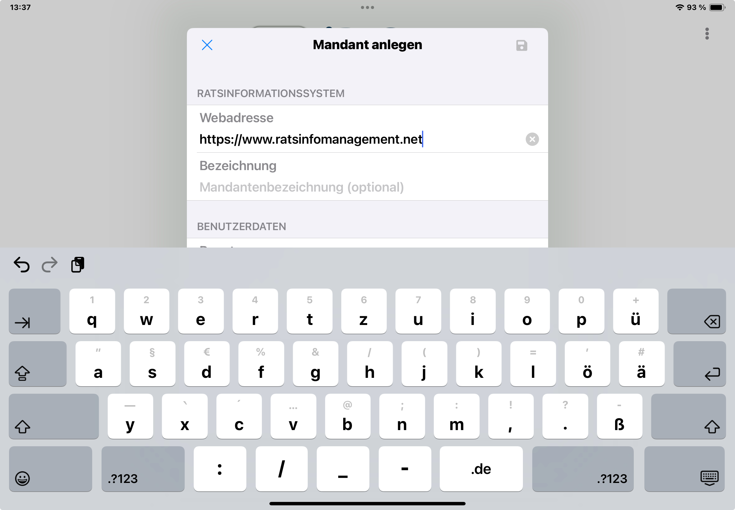 Eingabe Zugangsdaten