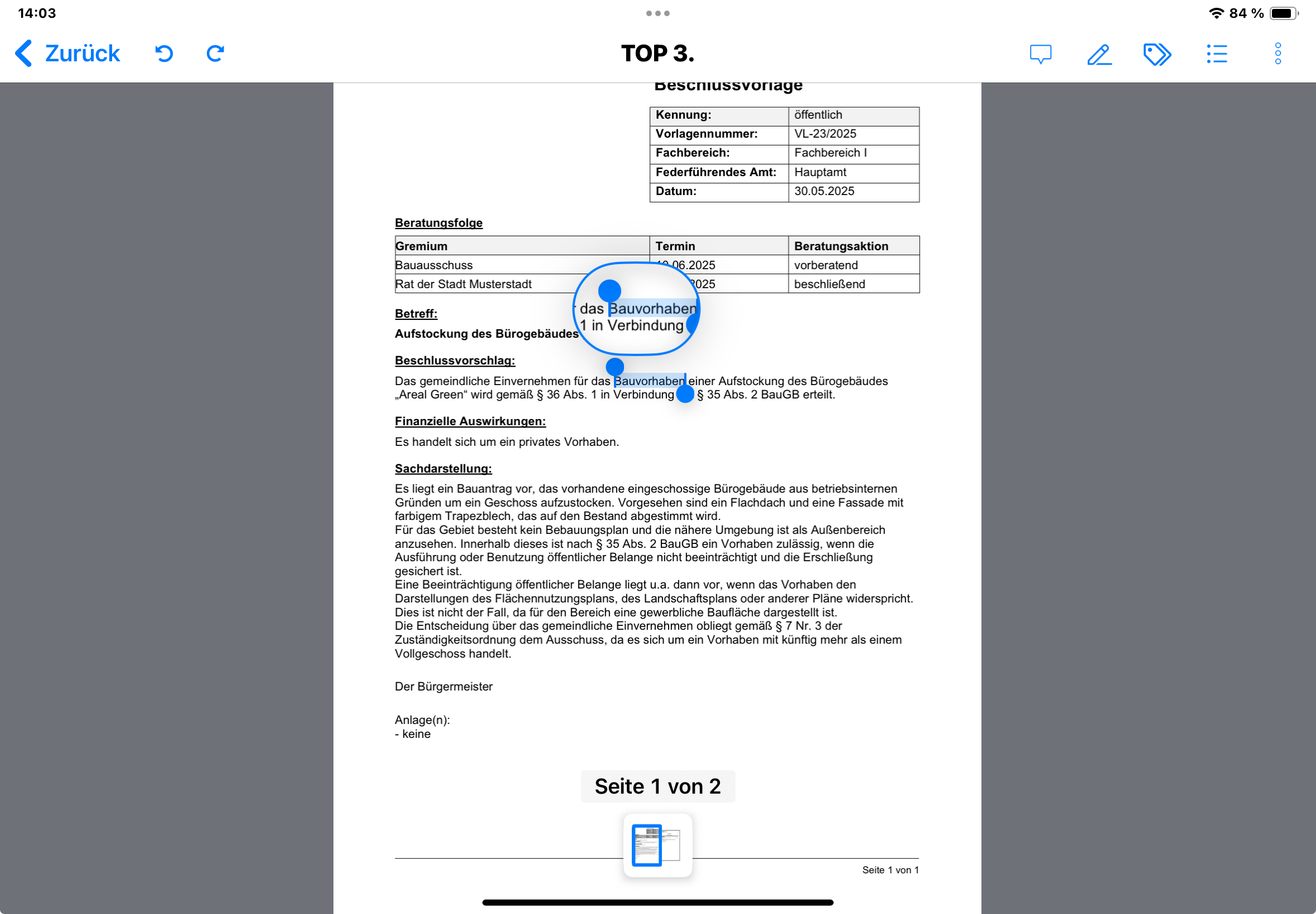 Markierungen im Ansichtsmodus