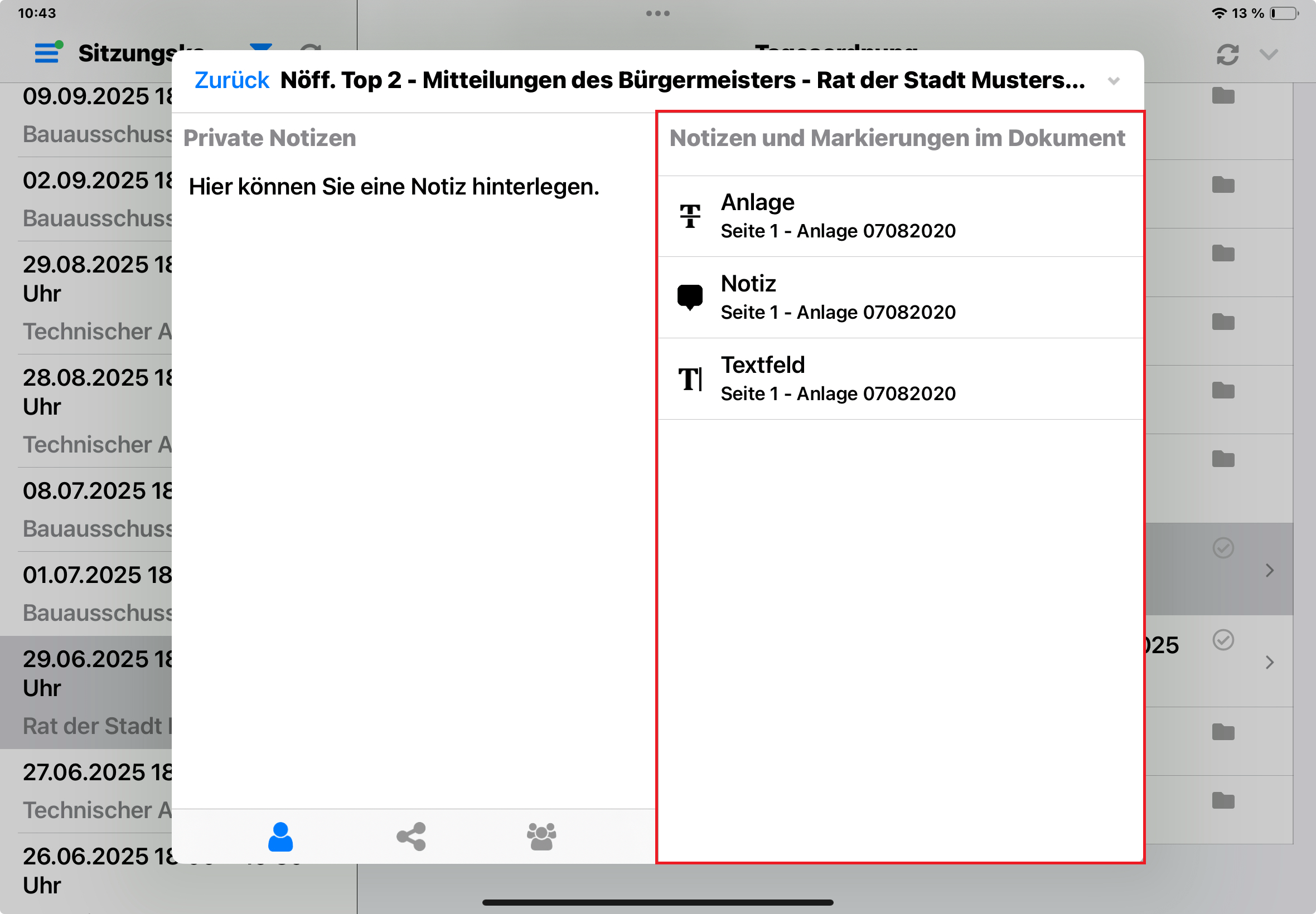 Rechte Hälfte Notizfenster