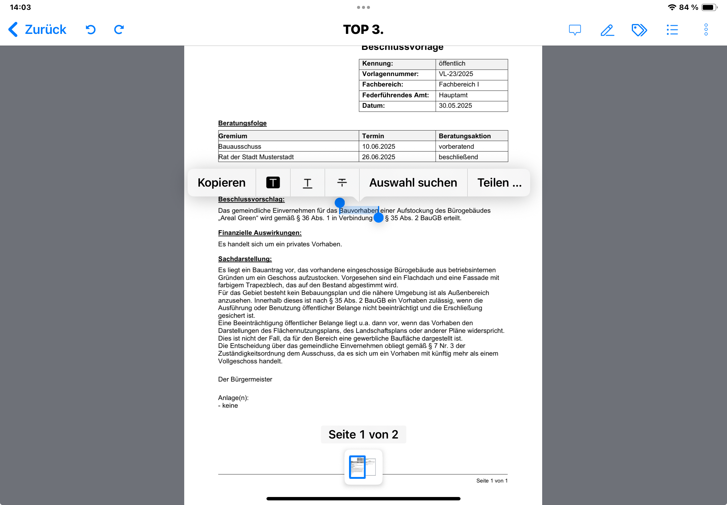 Änderung der Markierungsauswahl